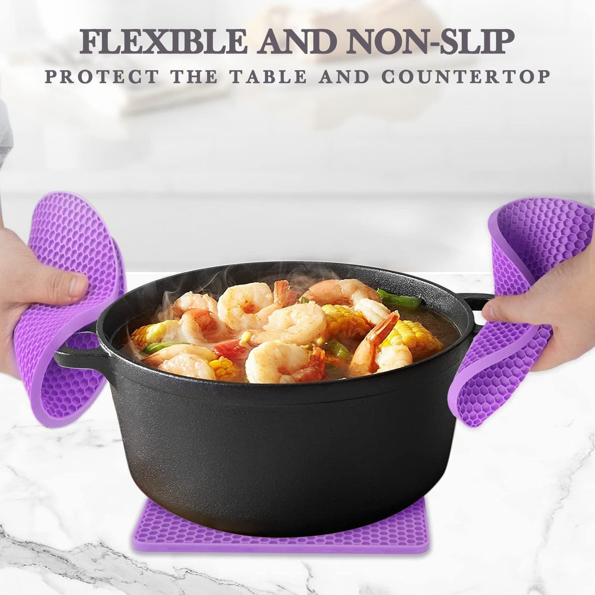 Silicone Silicone Trivet for Hot Dishes, 4 Pack Purple Heat Resistant Silicone Hot Pads Pot Holders for Kitchen Counter Non-Slip Trivets for Hot Pots and Pans, Small Dish Drying Mat & Spoon Rest