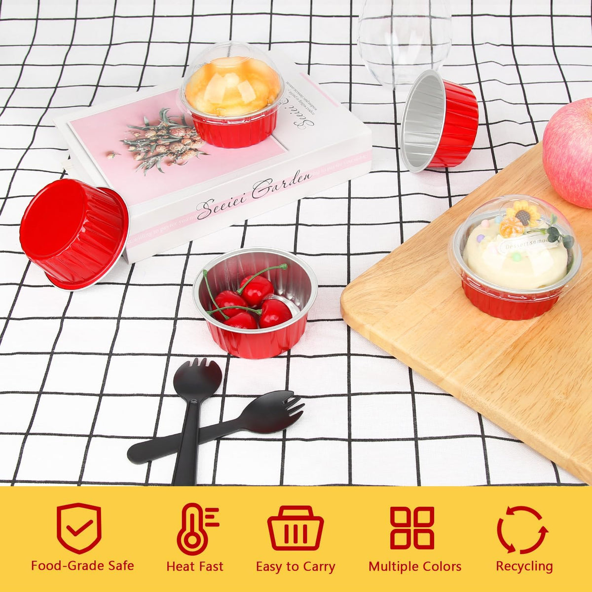 5oz Cupcake Pans Muffin Tins 100 Pack,LNYZQUS Aluminum Foil Mini Cake Baking Cups with Dome Lids,Disposable Ramekins Cupcake Liners,Small Cake Mini Pie Baking Pan for Christmas -Red