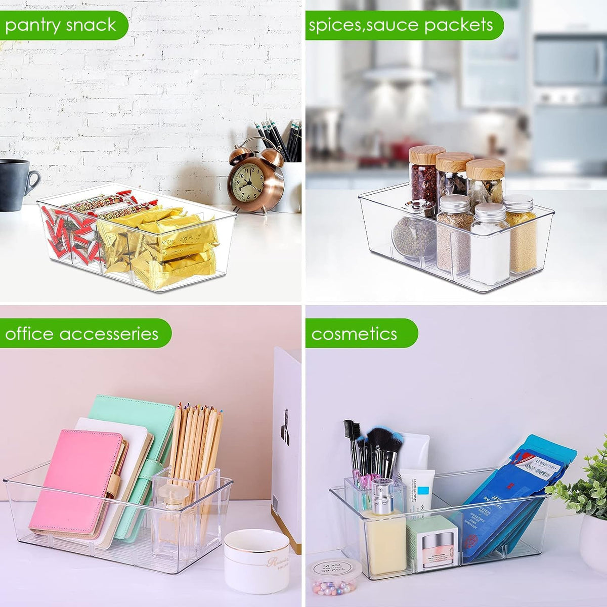 wilfox Pantry Organizer, 7 Pack Clear Organizer Bins with Removable Dividers, Pantry Organizers and Storage, Fridge Organizer and Cabinet Organizer for Snack, Pouches, Spice Packets
