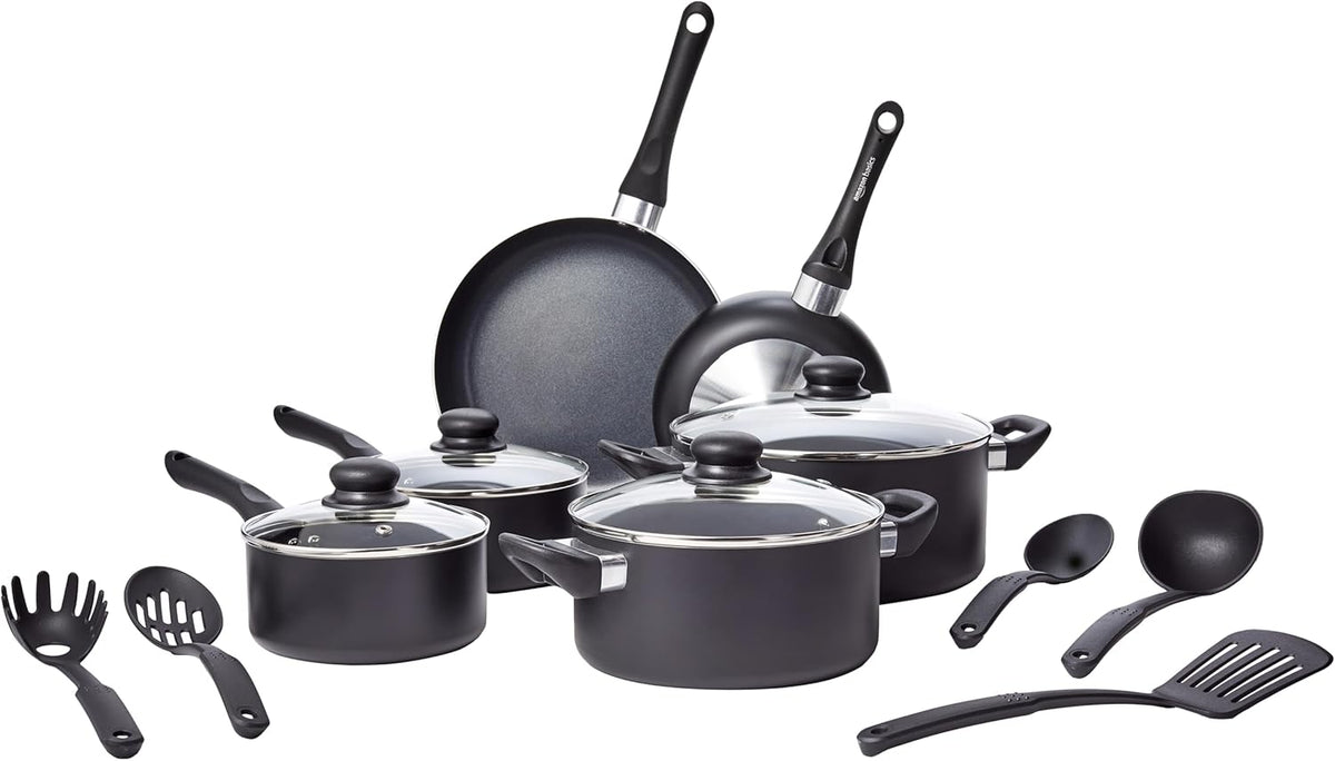 Amazon Basics Non Stick Kitchen Cookware 15-Piece Set, Non-Induction, Includes Pots, Pans, and Utensils, Black