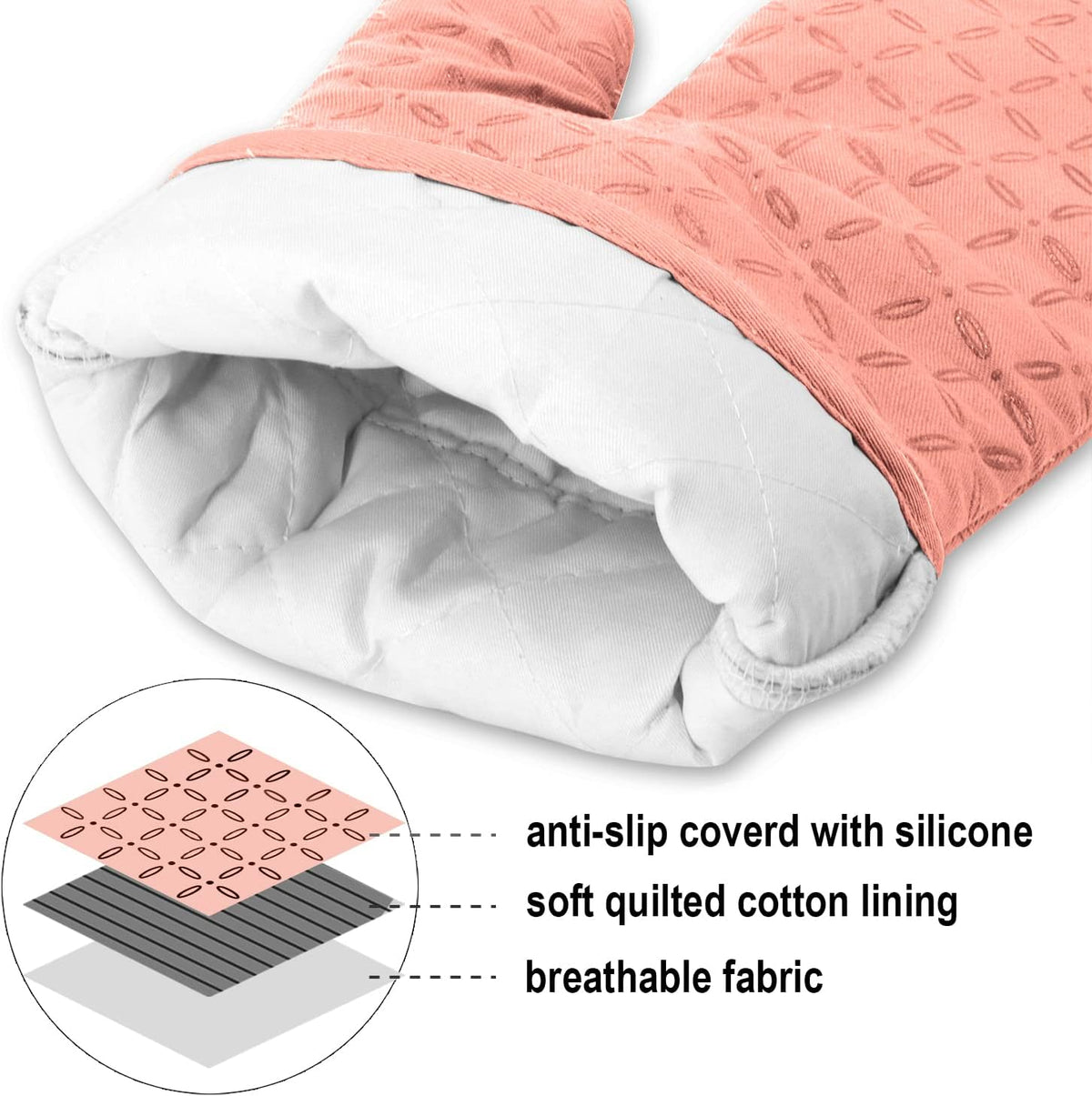KEGOUU Oven Mitts and Pot Holders 6pcs Set, Kitchen Oven Glove High Heat Resistant 500 Degree Extra Long Oven Mitts and Potholder with Non-Slip Silicone Surface for Cooking (Pink)