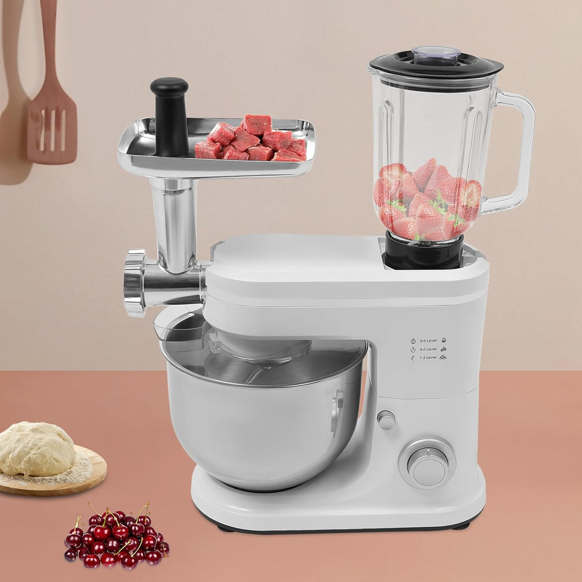 Stand Mixer, 3-in-1 Food Processor Multifunctional Electric Kitchen Mixer with 6 Accessories for Most Home Cooks, 6.34 Qt (White)