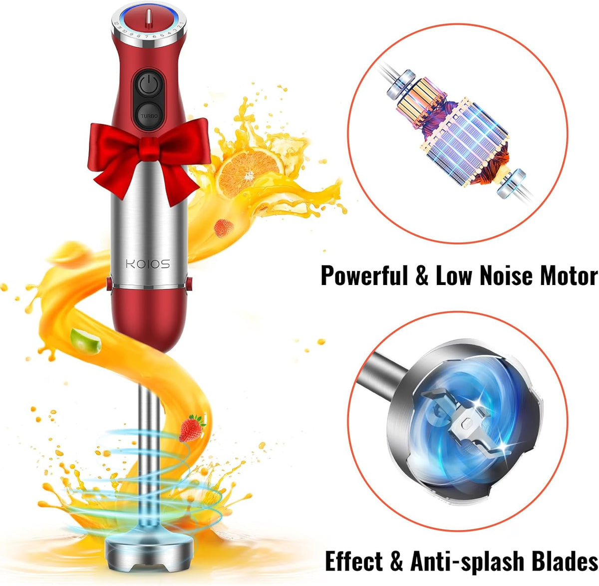 KOIOS 5-in-1 Hand Immersion Blender, 1000W 12 Speed Handheld Blender Stick with Copper Motor Stainless Steel Blade, 600ml Mixing Beaker,500ml Food Processor, Whisk, Milk Frother, Non-BPA, Red
