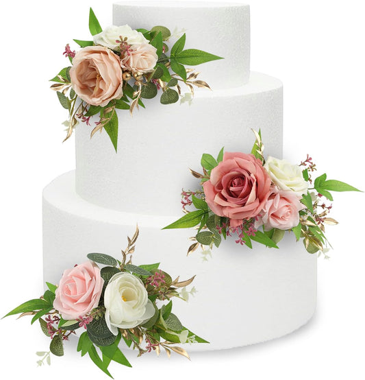 Rinlong 3Pcs Pre-made Pink Cake Topper Flowers Cake Decorations Wedding Cake Decorating Flowers Decor for Baptism Girl Baby Shower Birthday Party