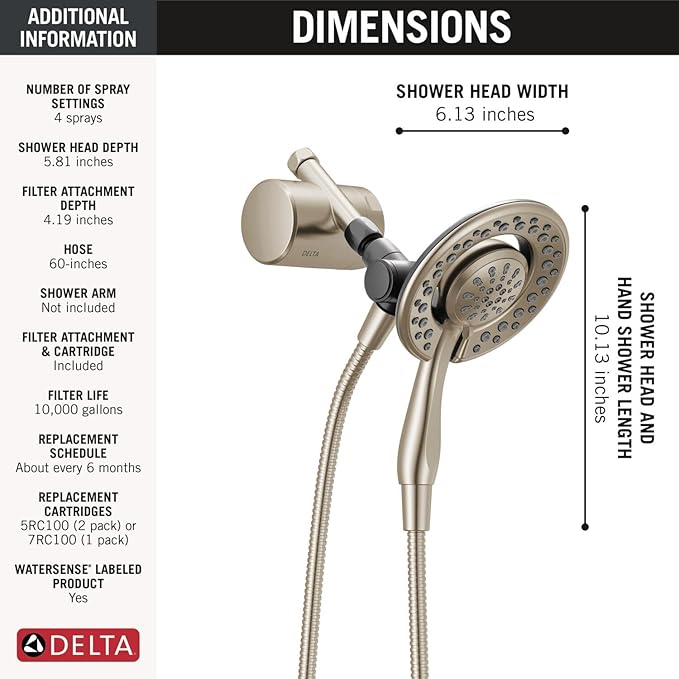 Delta 7SF110B Clarifi Shower Filter Attachment Kit with In2ition 2-in-1 Shower Head and Hand Shower - SpotShield Brushed Nickel