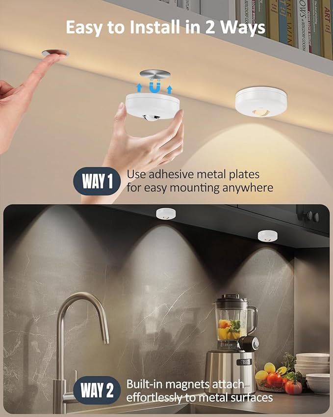 Yiliaw LED Puck Lights with Remote, Magnetic AAA Battery Operated Light, Under Cabinet Lighting, Tap Lights with Dimmer & Timmer for Kitchen, Closet, Shelf - 3 Pack, White