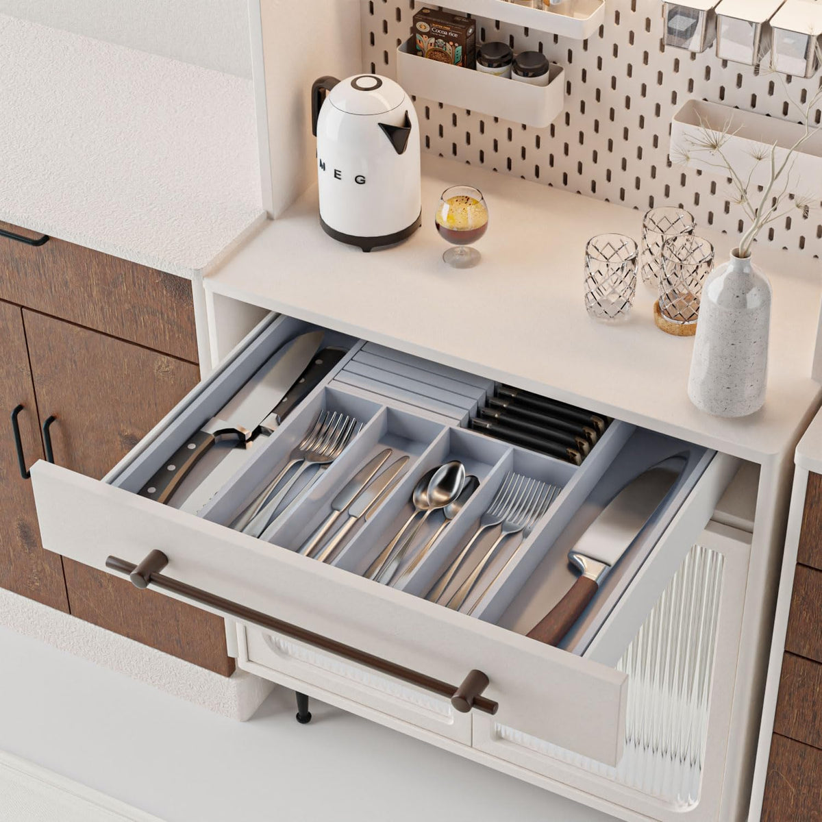 Large Utensil Drawer Organizer with Divider - Removable Kitchen Knife Holder Bamboo Adjustable Flatware Organizer for Drawer W12.8-20.2" x L16 x H2 (Grey)