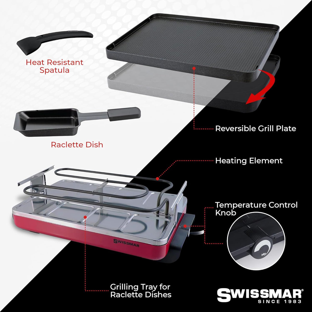 Swissmar Classic 8-Person Raclette Party Grill with Reversible Cast Aluminum Non-Stick Grill Plate/Crepe Top, Indoor Electric Raclette Grill & Griller - Black Grill Plate - Red