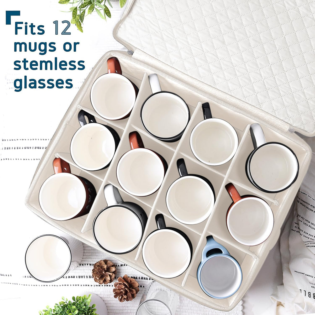 Hearth & Harbor Coffee Mug Storage, Quilted and Stackable Coffee Cup Storage Organizer for Service of 12, Mug Storage Box with Dividers, China Containers Hard Shell for Moving and Organization, Cream
