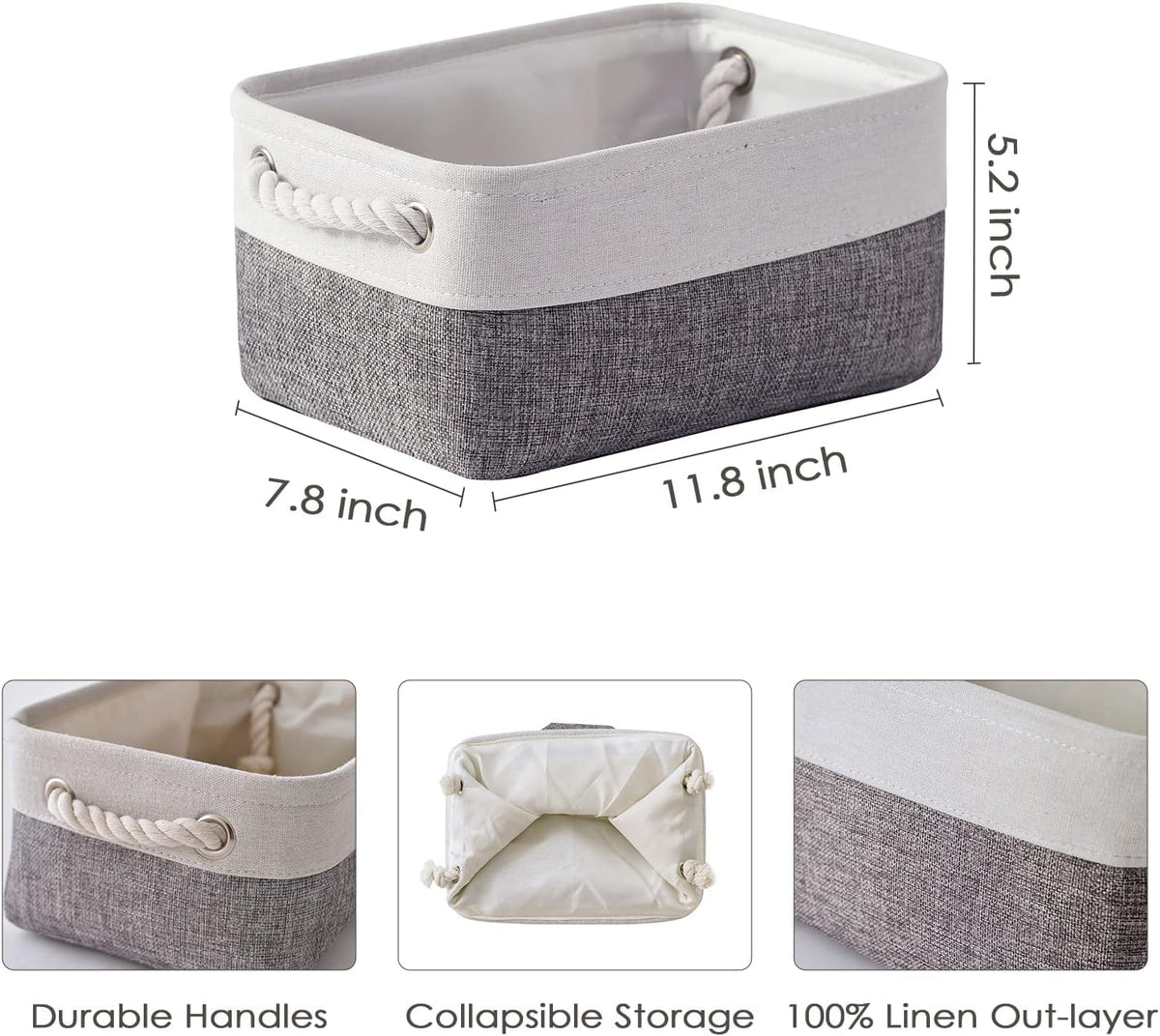TheWarmHome Organization and Storage Basket for Shelves - 12x8x5.2 inch 1 Pack Fabric Storage Cubes, Collapsible Storage Bins for Closet Organizer Gift Cloth Toy (White & Grey)