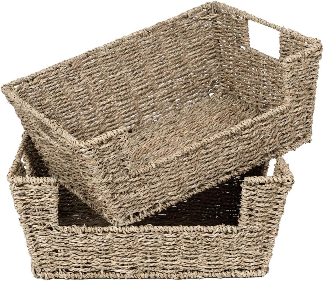 StorageWorks Wicker Storage Basket for Pantry Organizers and Storage, Stackable Seagrass Pantry Baskets for Shelves, 2-Pack