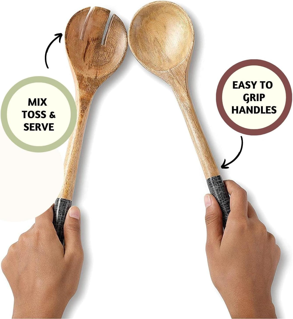 Folkulture Salad Servers or Salad Tongs, Wooden Utensils for Serving Salad, 12-inch Spoon and Fork Set, Mango Wood, Black Servers