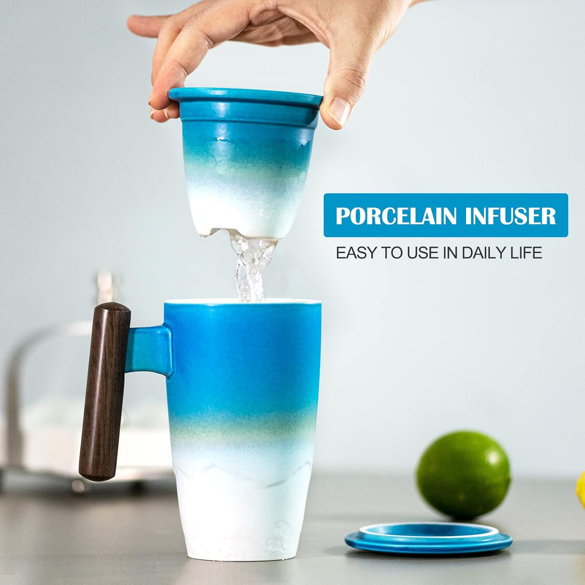 suyika Tomotime Ceramic Tea Cup with Infuser and Lid Tea Mugs Wooden Handle 400ml/13.5oz (Cyan blue)