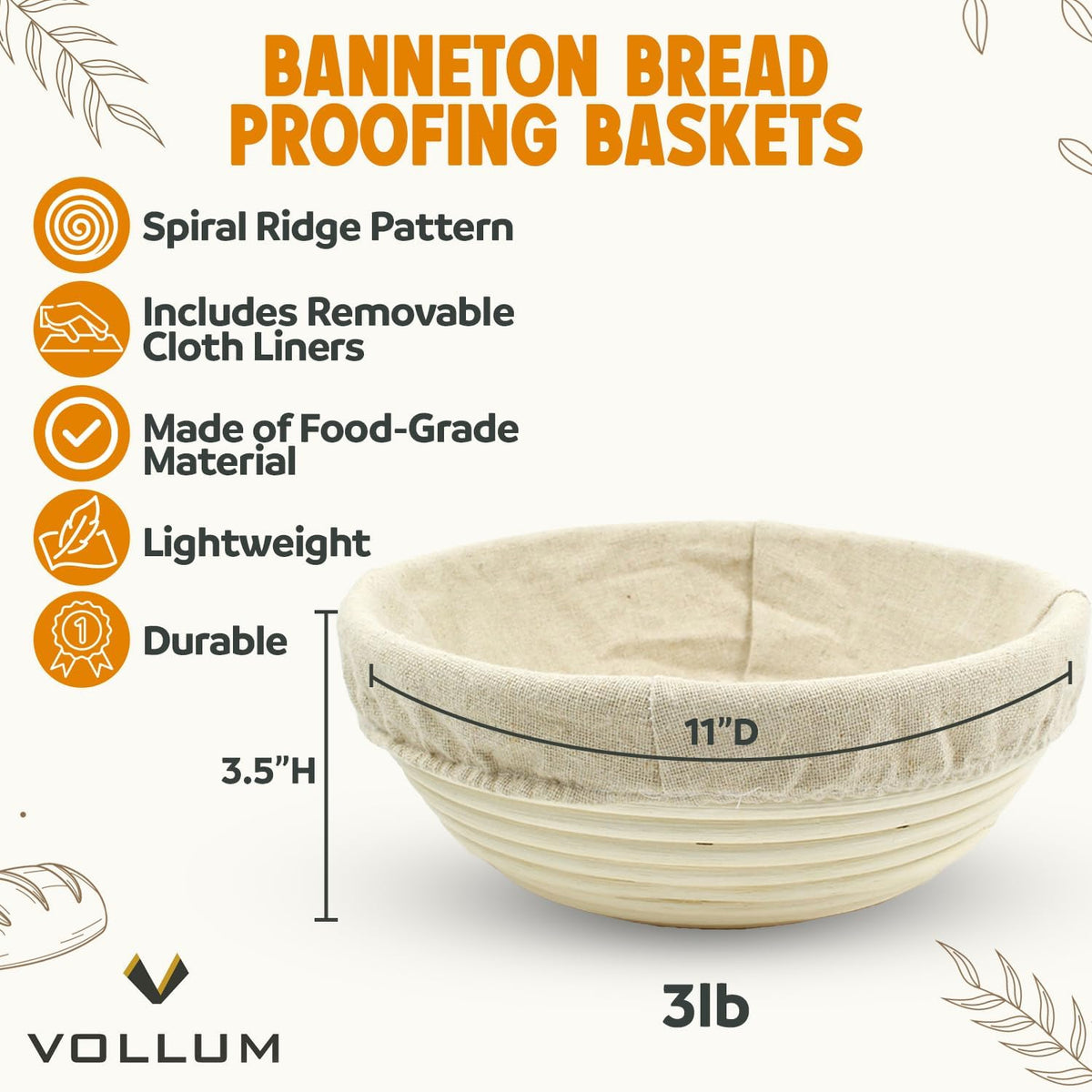 Banneton Bread Proofing Basket Sourdough Proofing Basket for Beginners & Professional Bakers, Handwoven Rattan Cane Bread Maker for Artisan Breads, 11 Inch x 3.5 Inch, 3-Pound Round Brotform