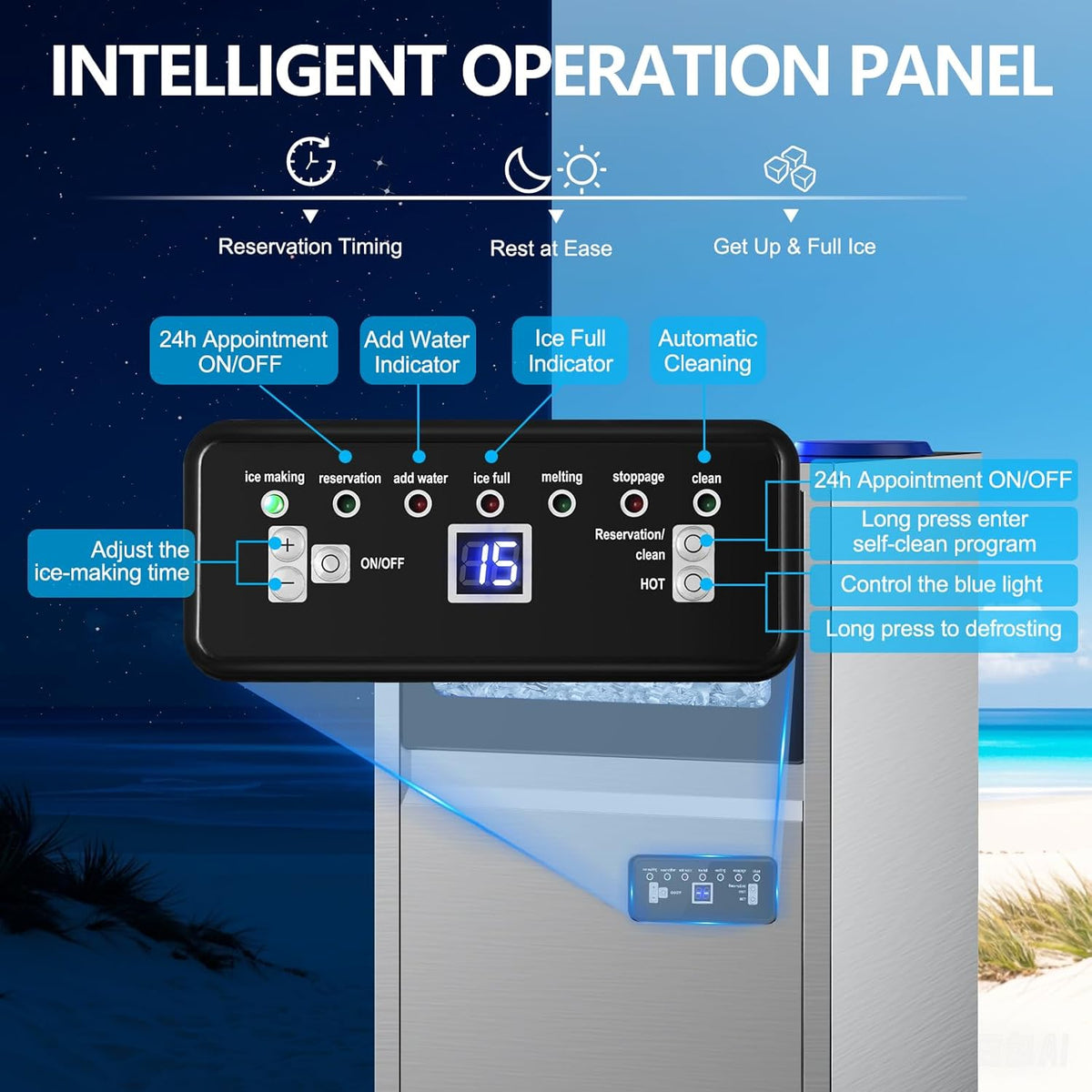 Commercial Ice Maker Machine, 150Lbs/24H with 45Lbs Storage, Fast Ice Making in 8-15Mins, Stainless Steel Under Counter or Freestanding Ice Machine for Home, Party, Office - 2 Water Inlet Modes