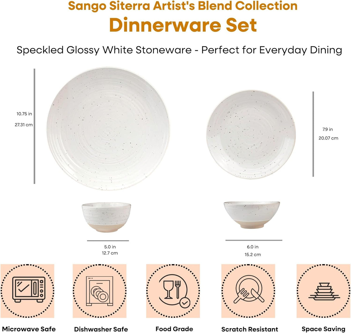 Sango Siterra 16-Piece Rustic White Stoneware Dinnerware Set – Service for 4, White with Glossy Speckle Overlay, for Everyday Dining & Entertainment, Microwave & Dishwasher Safe