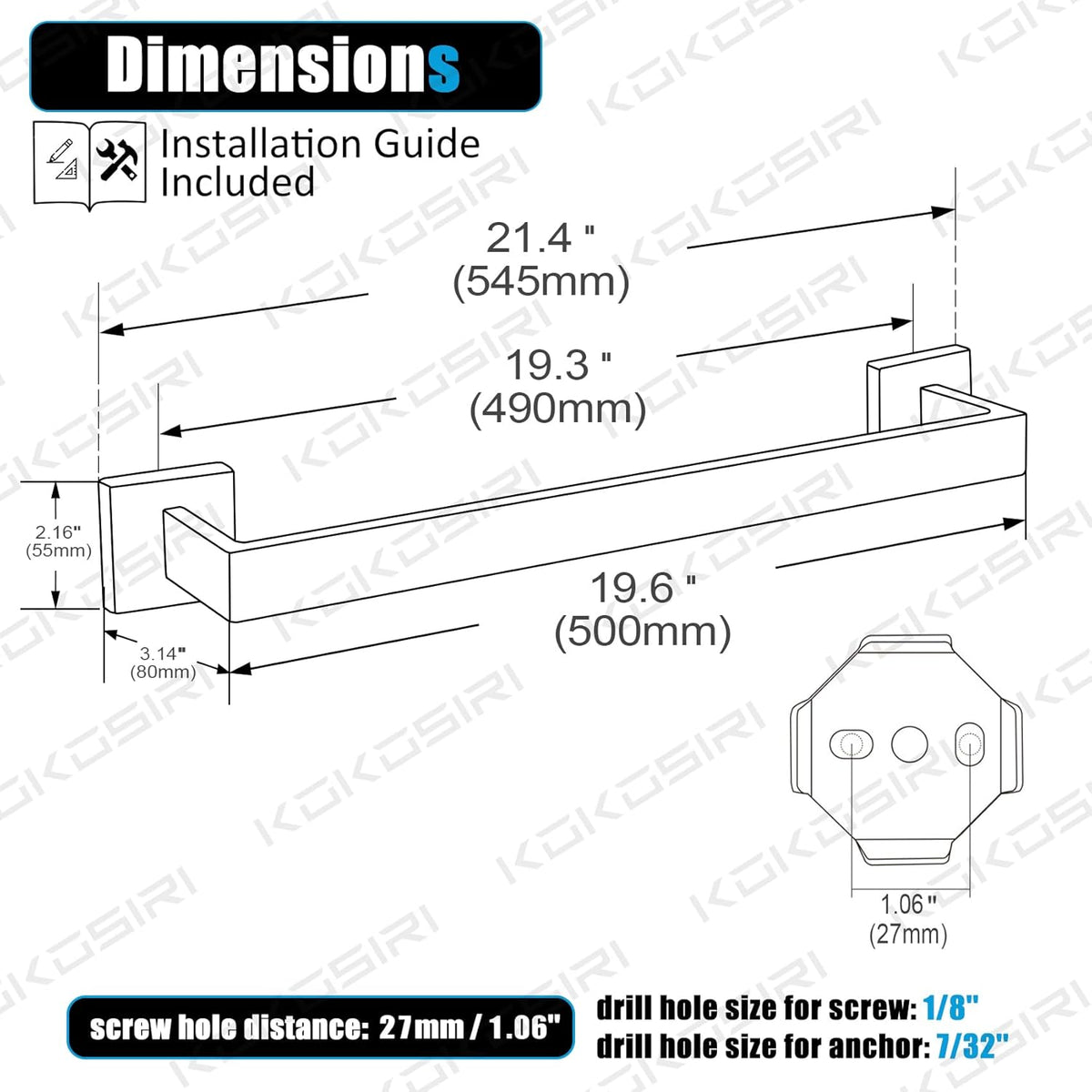 KOKOSIRI 20-Inch Single Towel Bar, Bathroom Kitchen Towel Holder, Wall Mounted SUS304 Stainless Steel Towel Rack 2 Pack, Matte Black, B4003BK-L20-P2