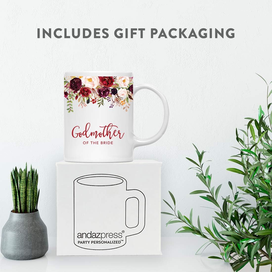 Andaz Press 11oz. Wedding Ceramic Coffee Tea Mug Gift, Fall Autumn Marsala Burgundy Flowers Roses Florals, Godmother of the Bride, 1-Pack, Includes Gift Box