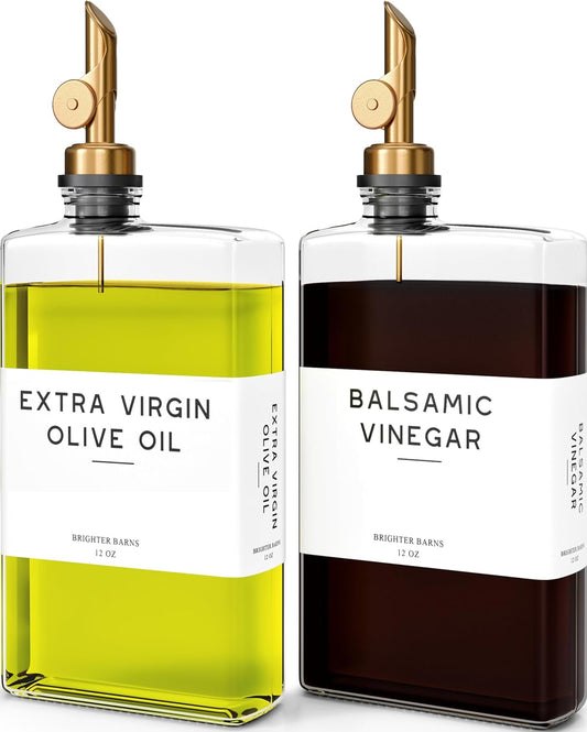 Glass Olive Oil Dispenser Bottle for Kitchen by Brighter Barns - Coffee Syrup Dispenser, Oil and Vinegar Bottle - Modern Kitchen Essentials for Home, Restaurant, Coffee Bar, Airbnb (Clear, Set of 2)