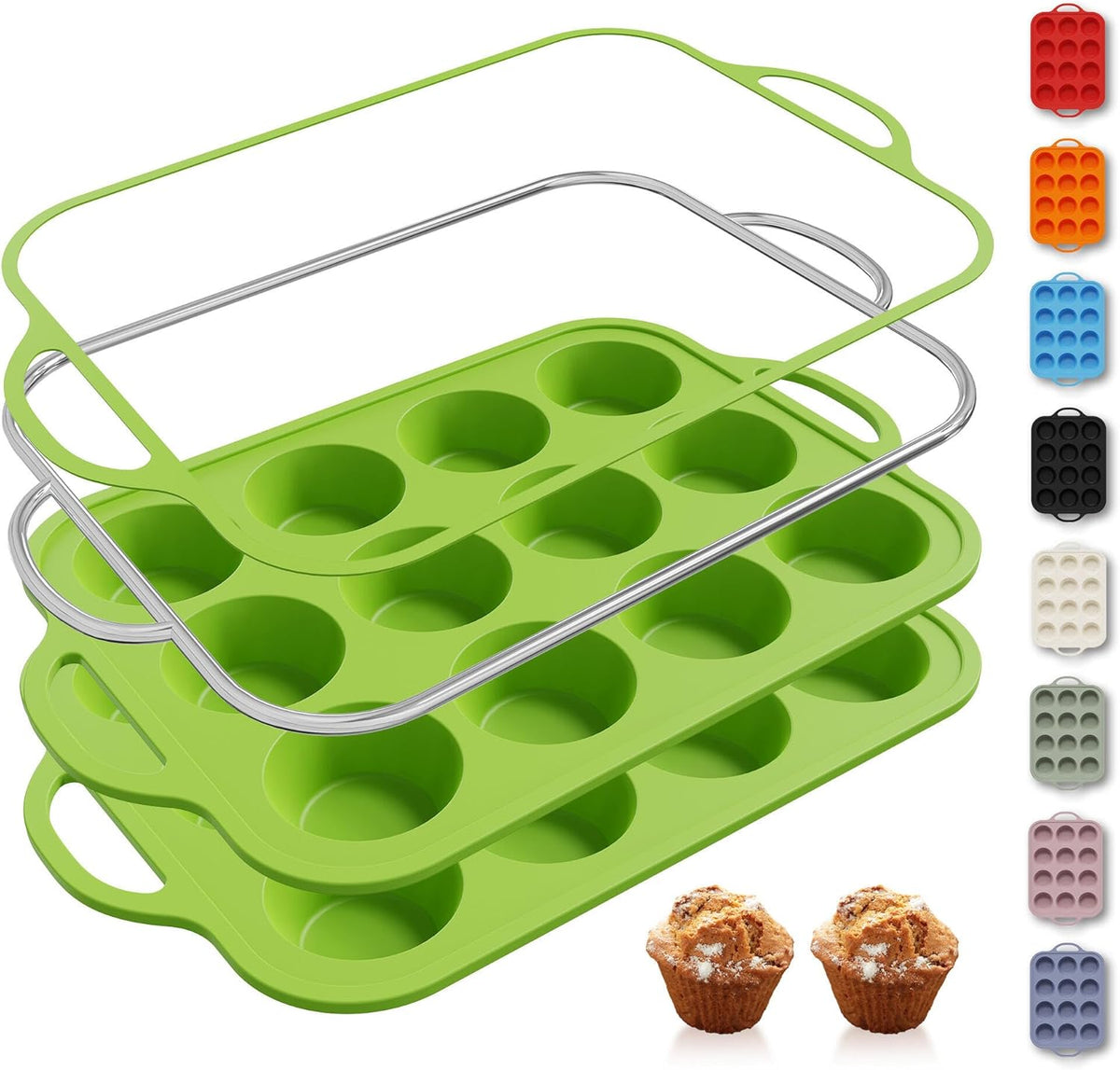 2 Packs 12 Cups Silicone Muffin Pan with Metal Reinforced Frame Regular Size Cupcake Pan Tray Egg Bites Silicone Circle Cookie Molds Muffin Tin Tart Pans Baking Sheet Set for Breakfast Sandwiches