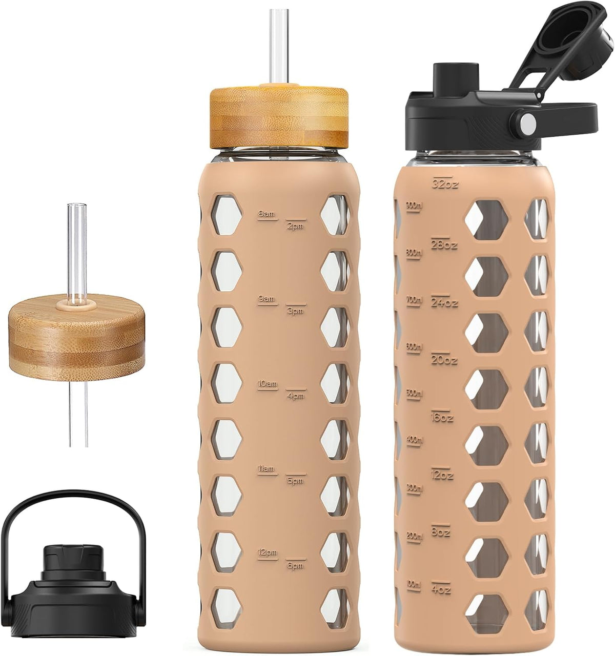 MUKOKO Glass Water Bottles, 32oz Glass Tumbler with Straw, Drinking Bottles with 2 Lids-Handle Spout Lid&Bamboo Straw Lid, Motivational Water Bottle with Time Marker and Silicone Sleeve, 1 Pack-Amber