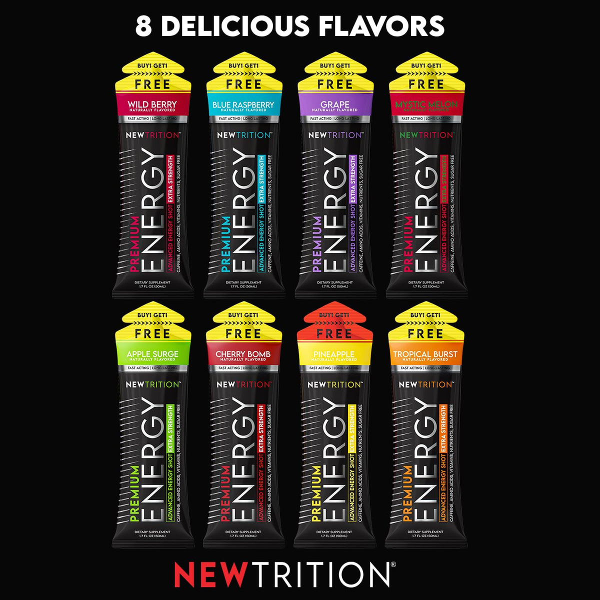 NewTrition® Extra Strength Energy Shots, 250mg Caffeine Energy Shots with Vitamin B & Amino Acids, Sugar-Free Vitamin Energy Shot, 1.7 fl oz (Pack of 6, Tropical Burst)