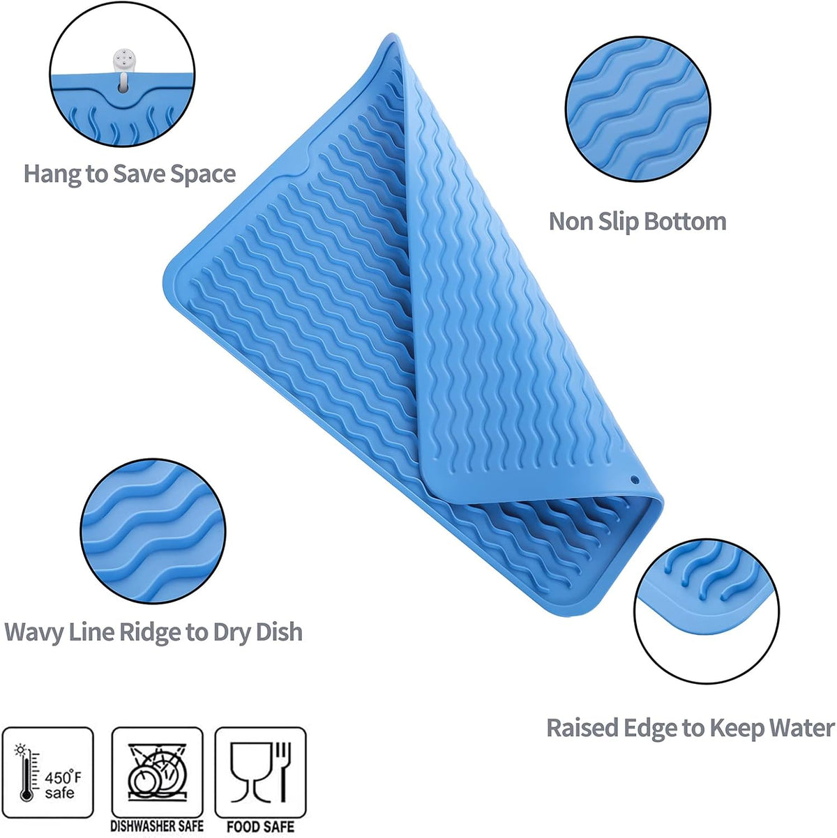 Silicone Dish Drying Mat for Multiple Usage,Easy clean,Eco-friendly,Heat-resistant Silicone Mat for Kitchen Counter or Sink,Refrigerator or Drawer liner Lichen BlueL M 12 inches x 12 inches