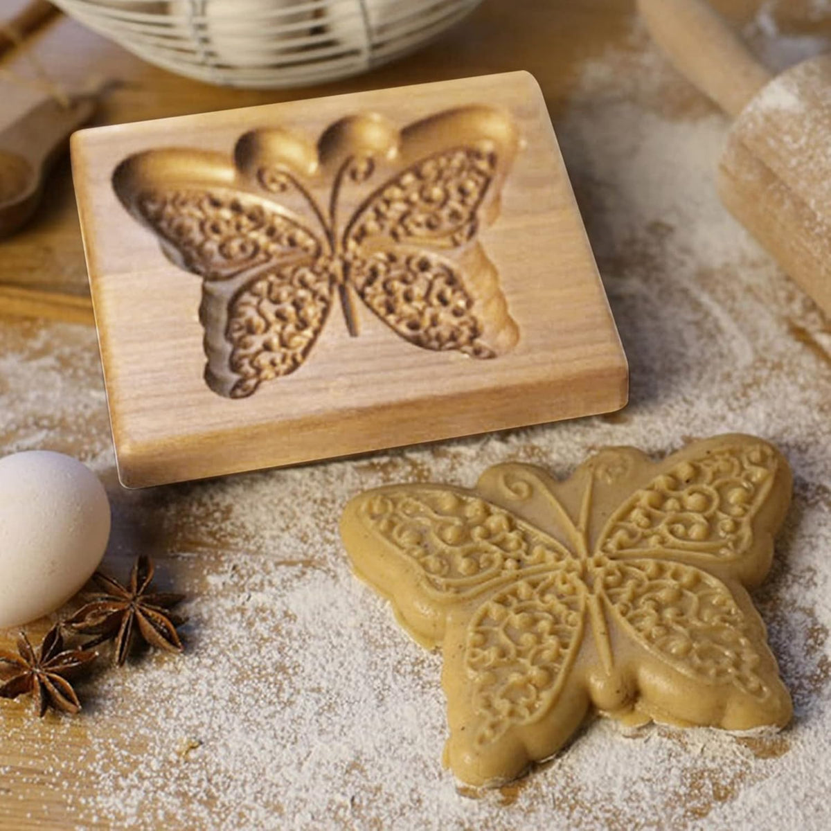 Wooden Cookie Biscuit Mold, 3D Baking Mold, Embossing Craft Decorating Baking Tool, Suitable for Halloween Thanksgiving Christmas Kitchen DIY (Butterfly 10 * 10 * 2)