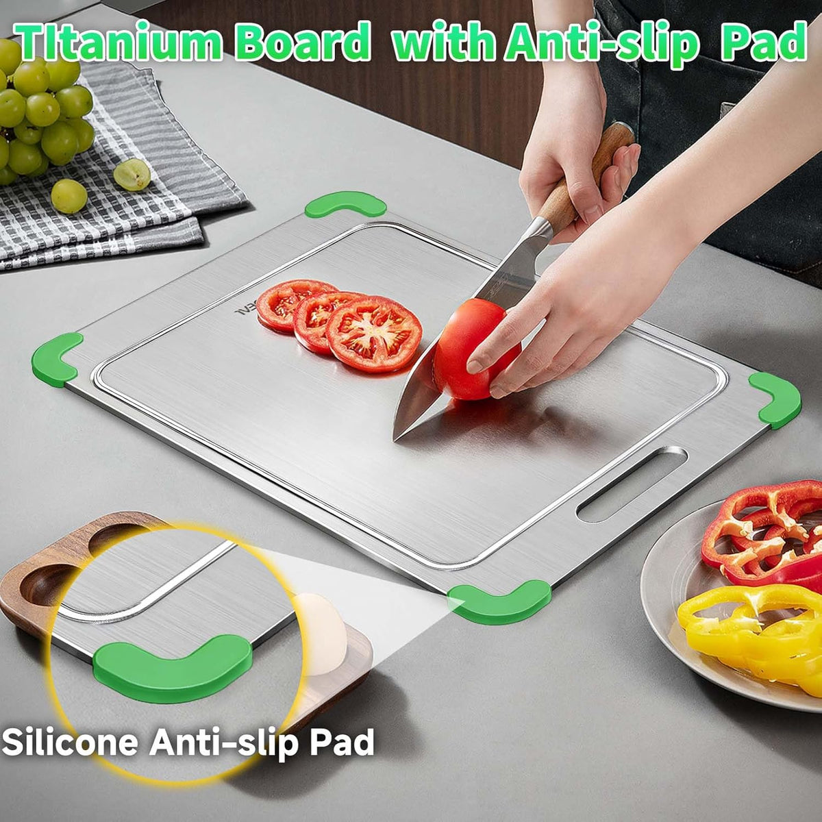 100% Pure Titanium Cutting Board with Grooves, Update Double Side Titanium Chopping Board, Silicone Anti-slip Stainless Cutting Boards for Kitchen 11 * 15 IN, Green