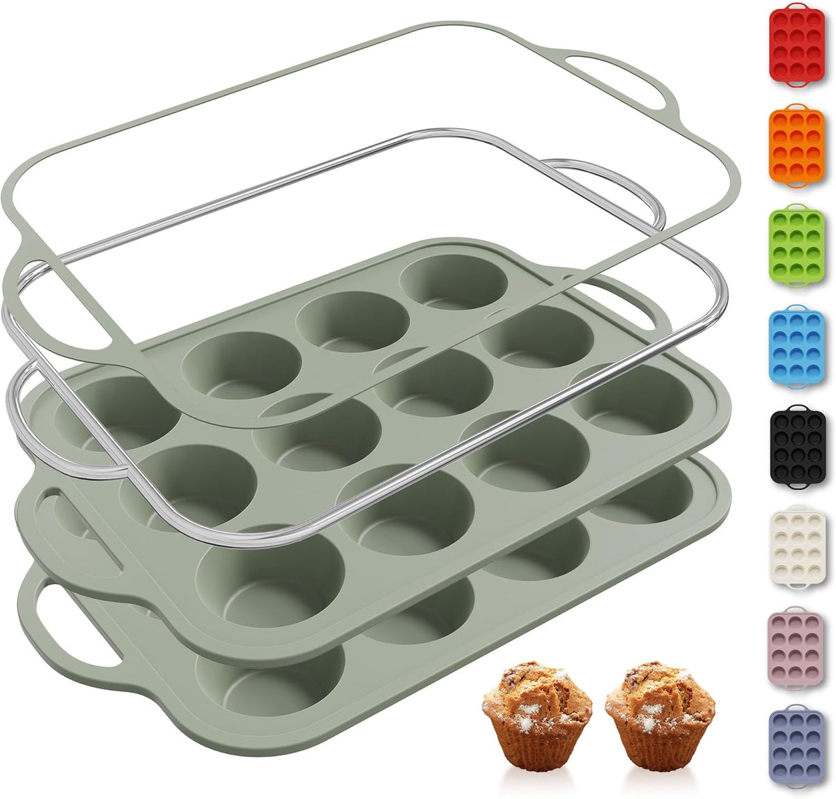 2 Packs 12 Cups Silicone Muffin Pan with Metal Reinforced Frame Regular Size Cupcake Pan Tray Egg Bites Silicone Circle Cookie Molds Muffin Tin Tart Pans Baking Sheet Set for Breakfast Sandwiches