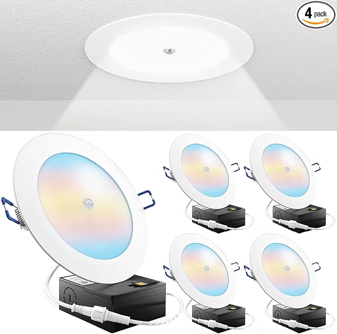 Sunco Motion Sensor Recessed Light 6 Inch LED, Slim Downlight with Junction Box, 1200 Lumens, Selectable CCT 2700K/3000K/4000K/5000K/6000K, Dimmable, 12W UL/ETL 4 Pack.