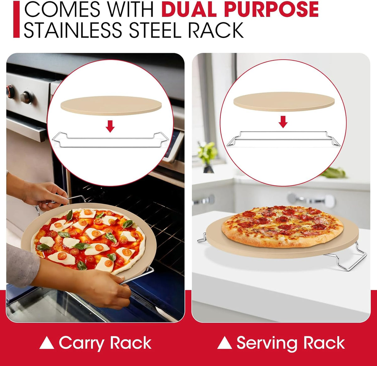 Unicook 12 Inch Round Pizza Stone for Oven and Grill, Cordierite Bread Baking Stone, Baking Crispy Pizzas, Bread and Cookies, Includes Carry Rack and Dough Scraper