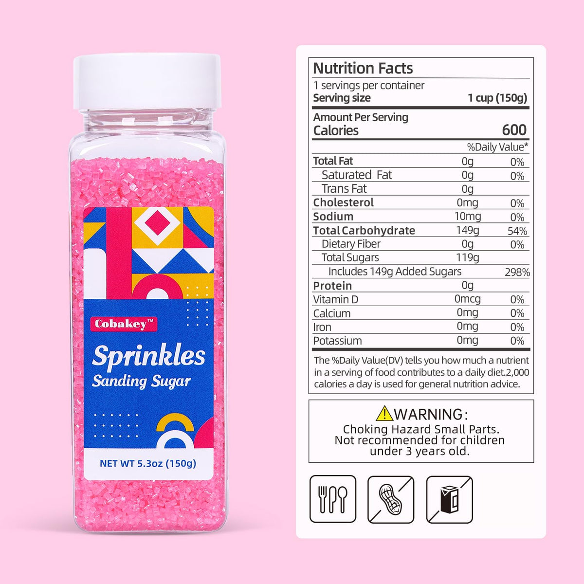 Sanding Sugar Pink Edible Sugar Sprinkles Sanding Sugar for Cake Decorating, Sparkling Edible Crystal Candy White Pearl Sugar for Wedding Party Baking Cupcake Cookie Ice Cream Decoration Supplies - 5.3 oz