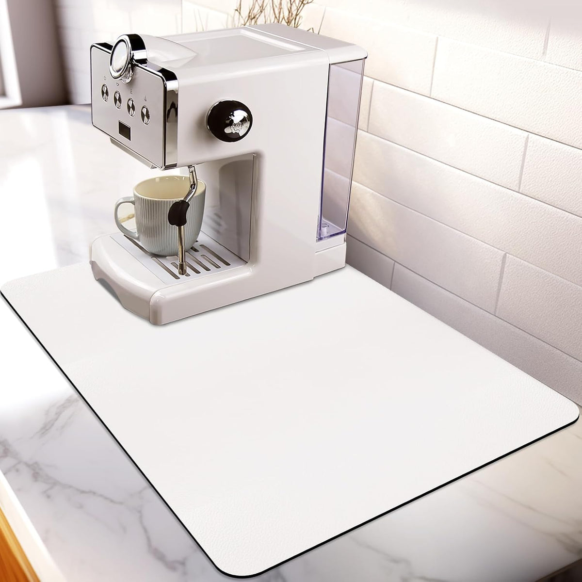 Matace Designer Coffee Bar Mat, Large 16 x 24 Inches, Rubber Backing, Absorbent Coffee Maker Mats for Dish Drying, Kitchen Countertop, Heat Resistant, Solid White
