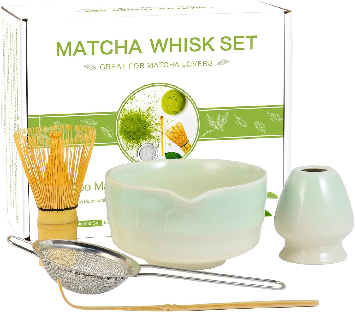 Matcha Whisk Set, Japanese Tea Set Includes Matcha Bowl with Spout, Bamboo Whisk, Ceramic Chasen Holder, Scoop, Sifter, 5 pcs Traditional Tea Making Kit for Matcha Lovers Gift for Women Men