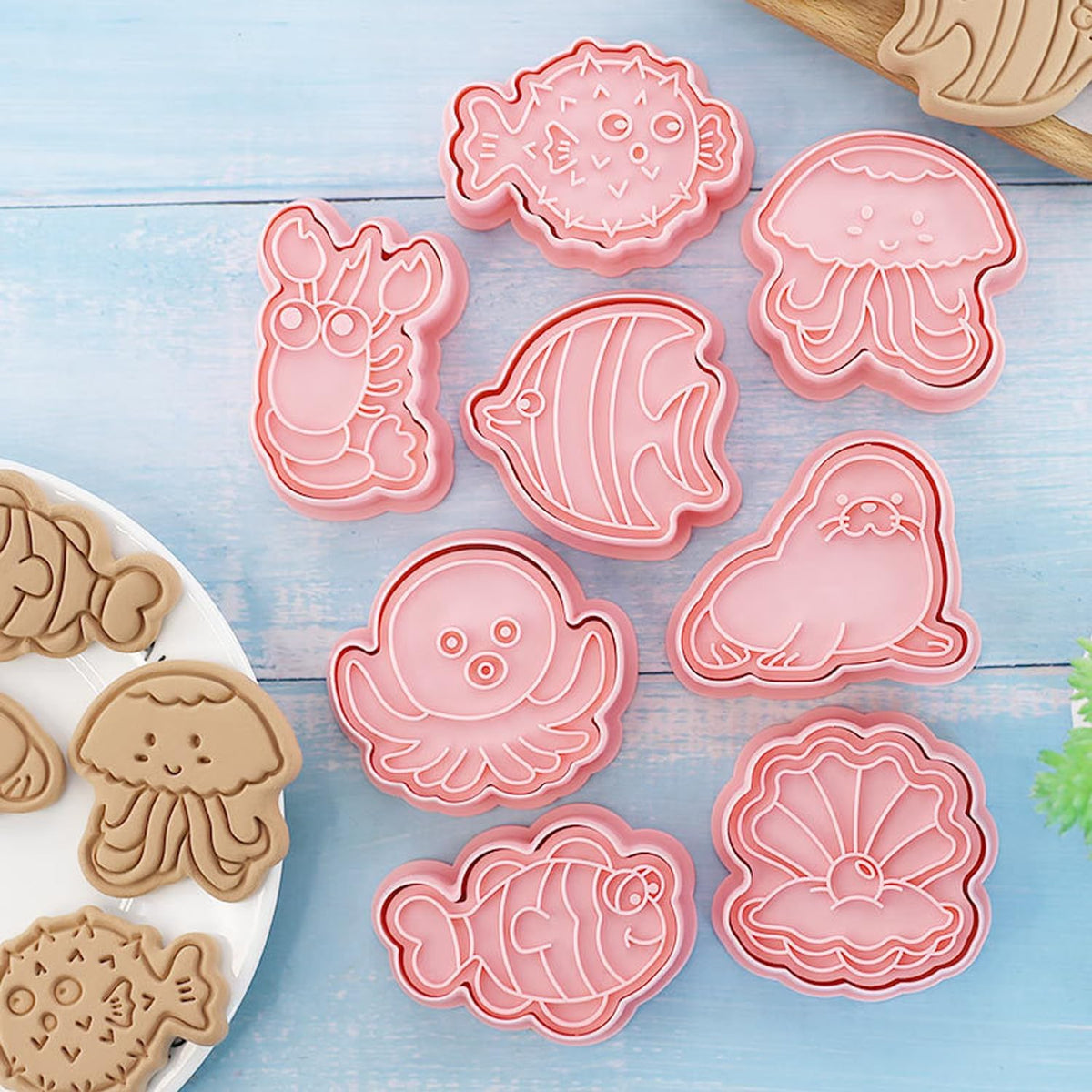 16Pcs Ocean Animal Cookie Cutters with Plunger Stamps Set, Fish, Dolphin, Starfish Plastic Biscuit Cutters, Sea Themed DIY Embossing Cutter for Biscuit Cookie Fondant Cheese Baking (F16)