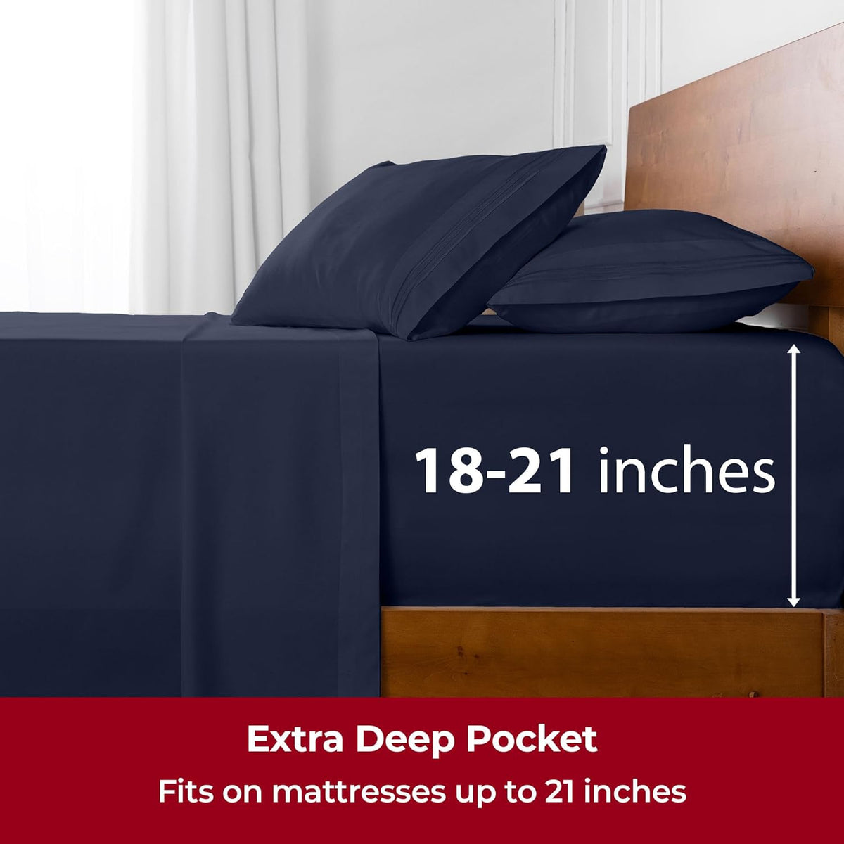 Mellanni Extra Deep Split King Sheets - 5 PC Iconic Collection Bedding - Hotel Luxury, Ultra Soft, Cooling Bed Sheets - Wrinkle, Fade, Stain Resistant (Split King, Navy Blue)