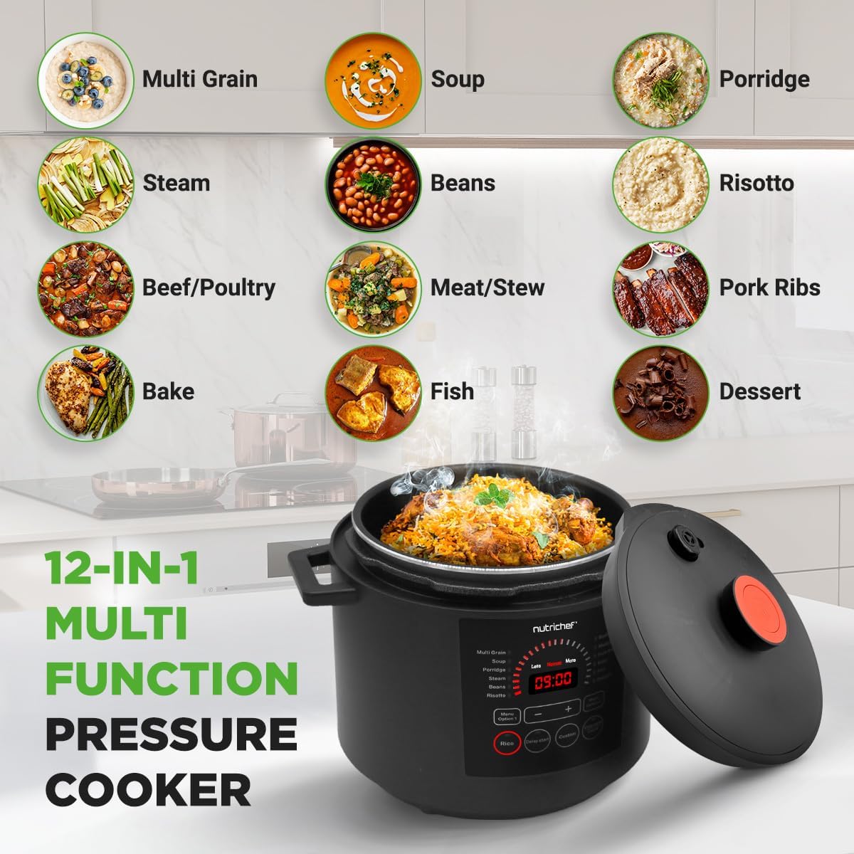 NutriChef Electric Pressure Cooker 6 Quart Capacity | 9 Function Digital Countertop Pressure Cooker | Adjustable Time & Temperature | Cook, Bake, Steam, Broil, & Braise | 13.1 x 11.4 IN | Black