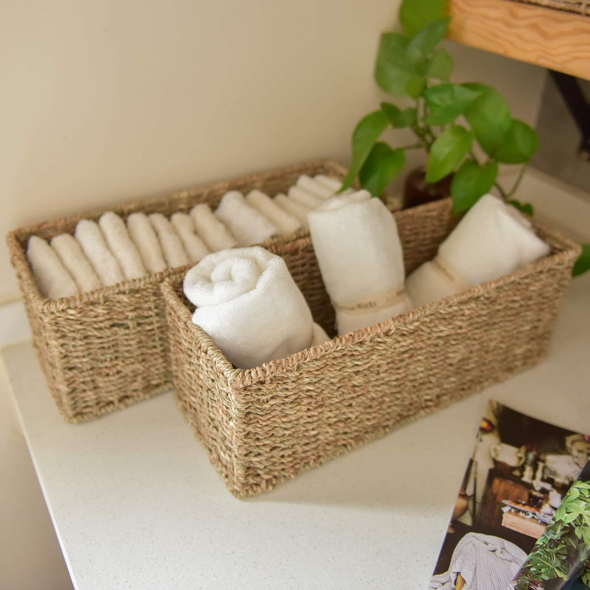 StorageWorks Toilet Tank Basket for Bathroom, Seagrass Storage Baskets for Toilet Tank Top, 2-Pack