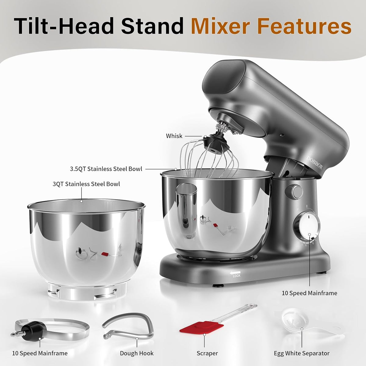 Stand Mixer with 3QT+3.5QT Dual Bowls, 10-Speed Electric 300W Food Mixer - Includes Egg Whisk, Dough Hook & Flat Beater for Home Baking & Daily Cooking (GraySilver)