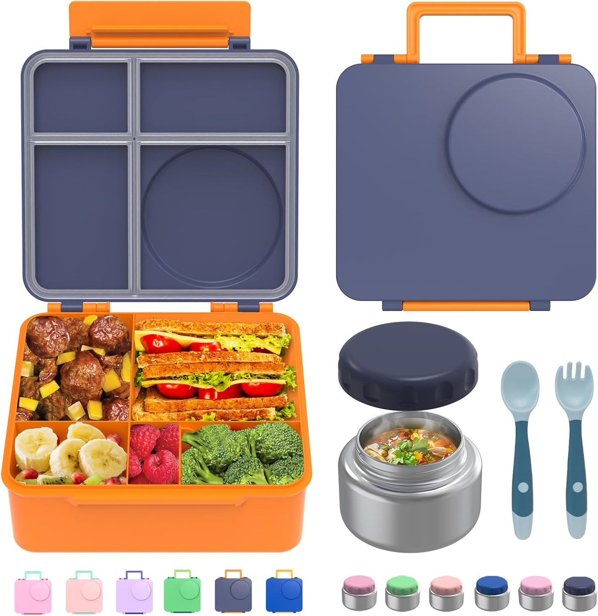 Bento Box for Kids - Leak-Proof Lunch Box with Insulated Thermos Food Jar - 4 Compartments, 1 Removable Divider, 1Spoon, 1 Fork - Dishwasher Safe, BPA-Free (Navy blue)