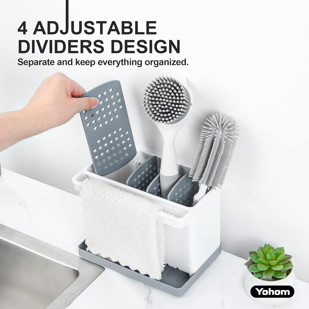 YOHOM Sink Brush Holder for Kitchen Sink Sponge Caddy Countertop Organizer Plastic Dish Scrubber Holder with Dividers