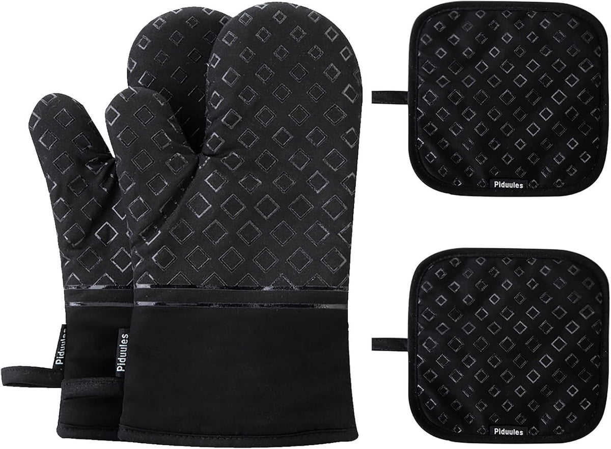 Set of 4 Oven Mitts and Pot Holders, 482 F Heat Resistant Hot Plate Moving Non-Slip Gloves for BBQ, Grill, Baking, Cooking, Oven, Microwave (Black)