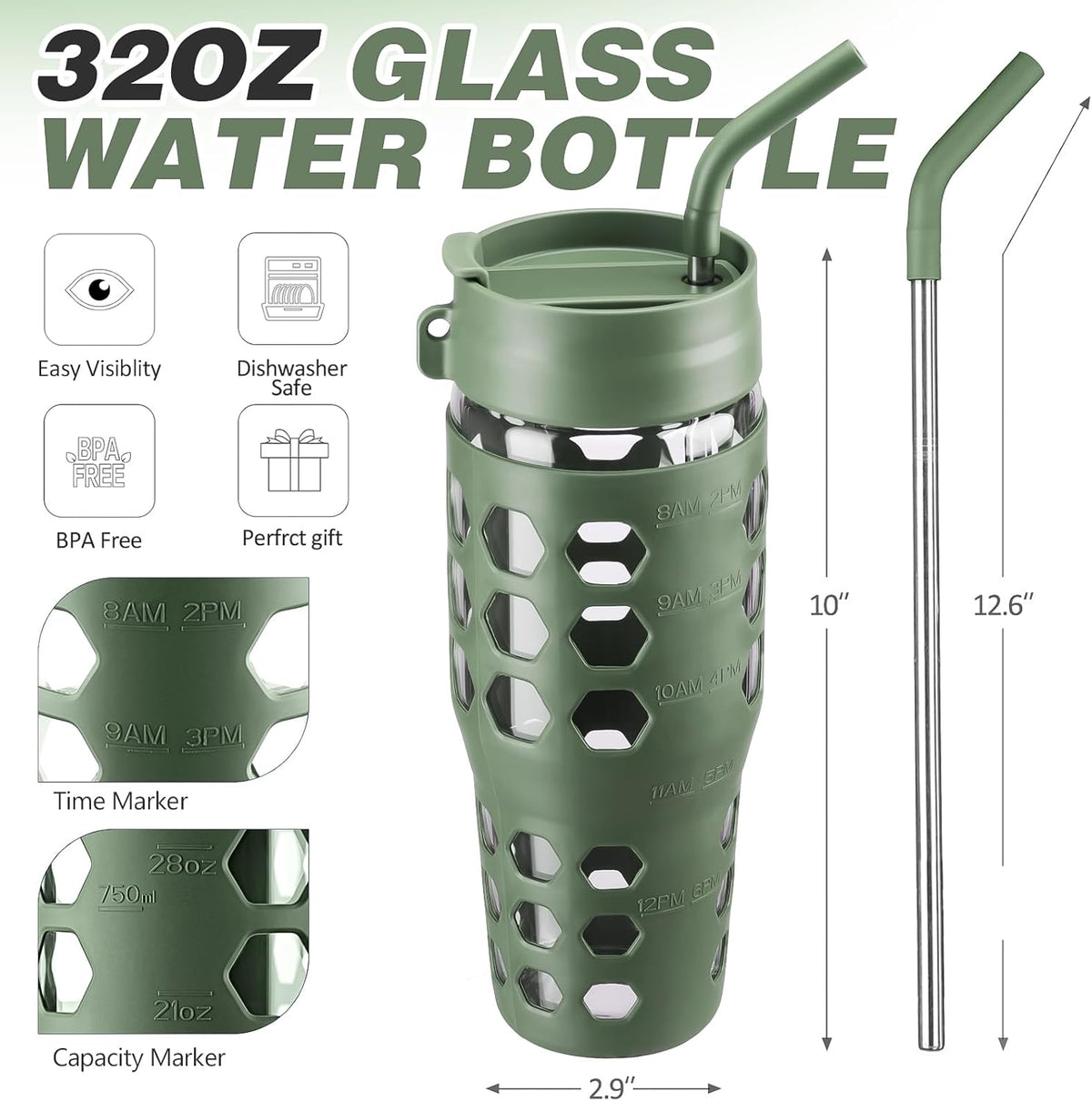 MUKOKO 32 oz Glass Tumbler with Straw,Glass Water Bottles with Time Marker,Iced Coffee Cup with 2 Lids-Handle Spout Lid&Straw Lid,Silicone Sleeve,Leakproof,1 Pack-Olive
