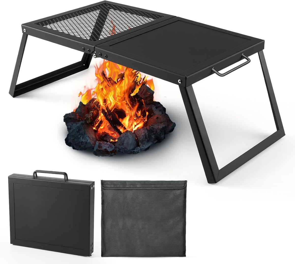Odoland Folding Campfire Grill, Heavy Duty Steel Mesh Grate with Folding Legs and Storage Bag, Portable Camping Grates, Over Fire Pit Grill Rack for Outdoor Cooking and Bonfire