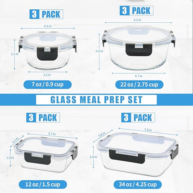 12 Pack Glass Food Storage Containers with Airtight Lids for Meal Prep, Leftover, BPA-Free, Leak-Proof, Freezer to Microwave Safe (12 Lids & 12 Containers)