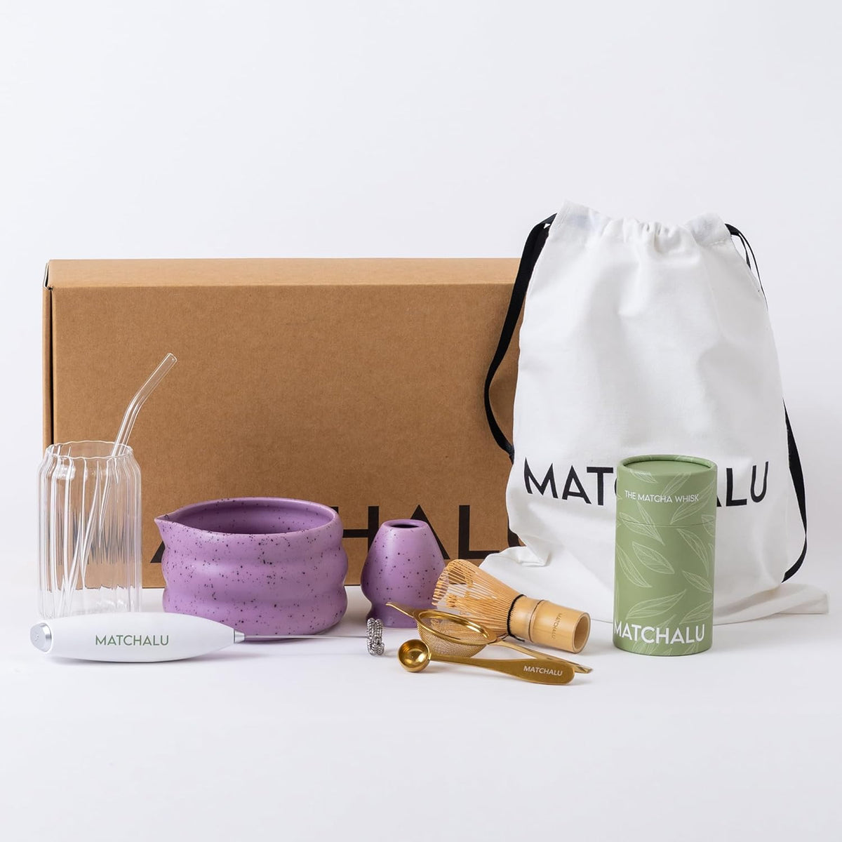Premium 9 Piece Matcha Set Includes Ceramic Matcha Bowl, Bamboo Whisk & Holder, Stainless Steel Spoon & Sifter, Glass Cup & Straw, Electric Frother, Storage Bag - Gift for Matcha Lovers (Purple)