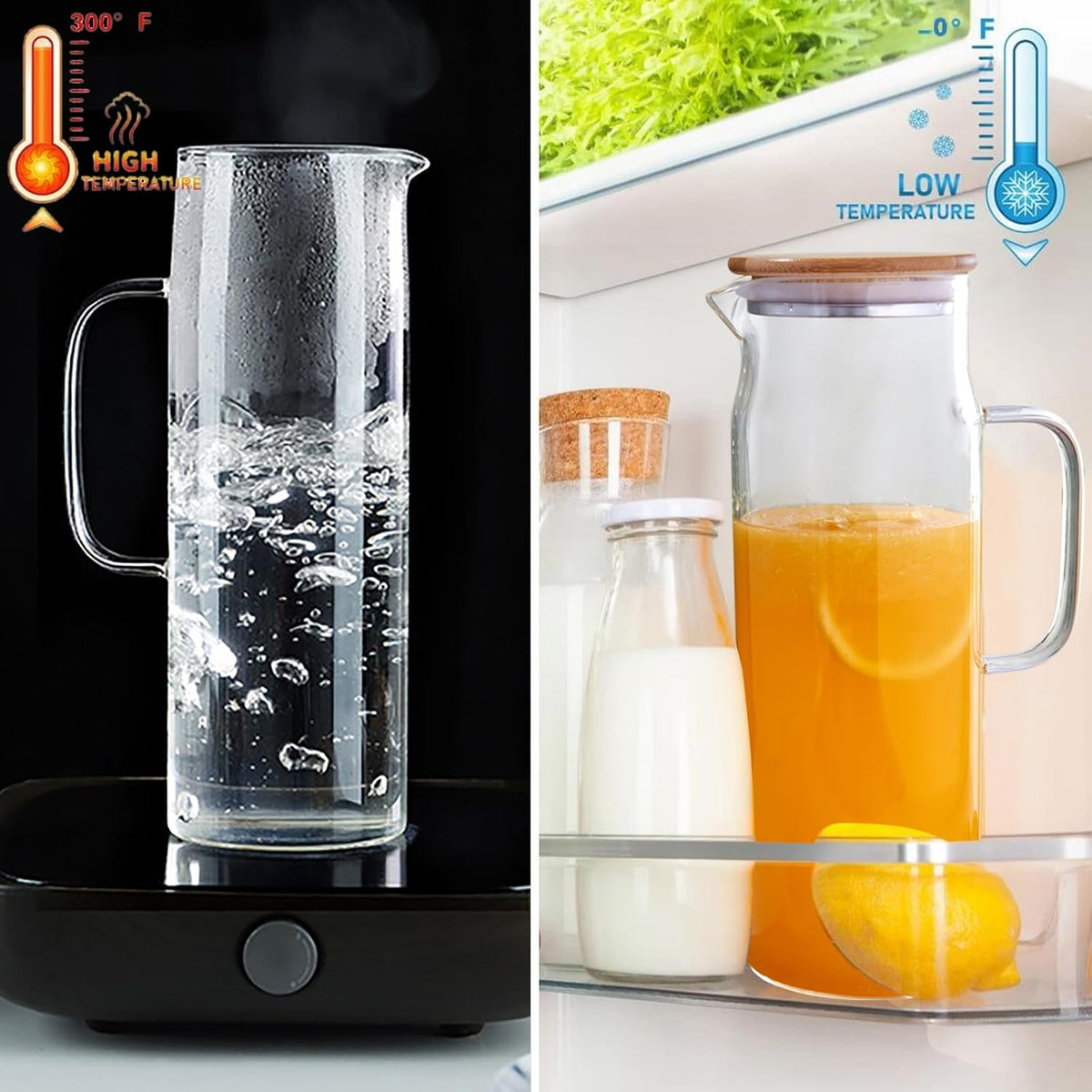 50oz Glass Pitcher with Lid, Glass Water Carafe with Handle, Fridge Water Jug Cold or Hot Beverages, Iced Tea, Milk, Juice (set of 3)