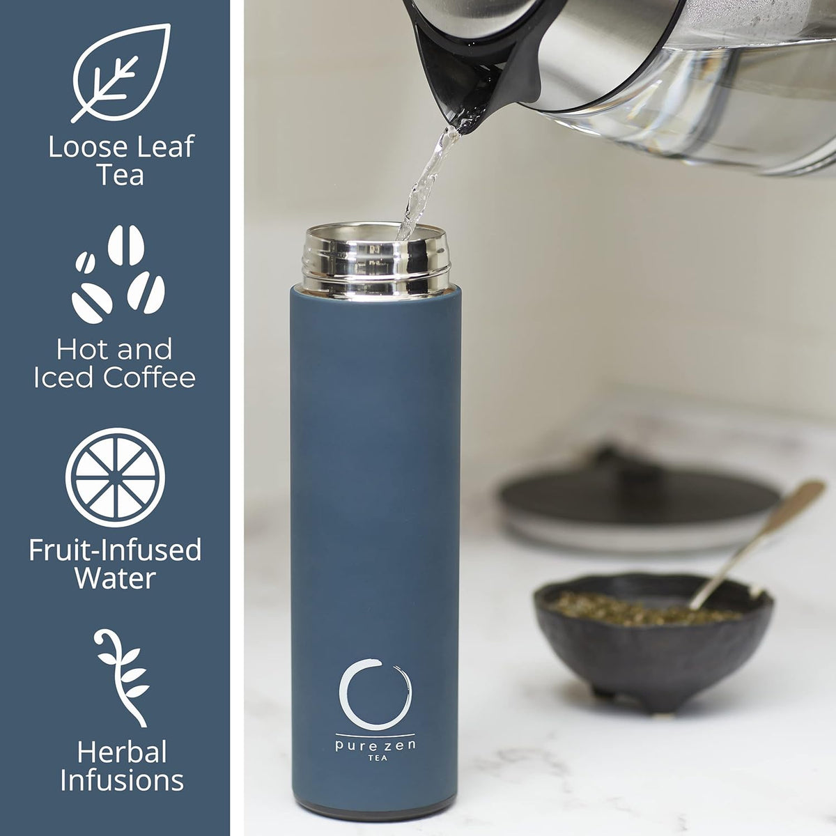 Pure Zen Tea Thermos with Infuser for Hot and Cold Infusions - Stainless Steel - Tea Infuser Bottle - Leakproof Travel Mug with Filter - 15oz - Blue