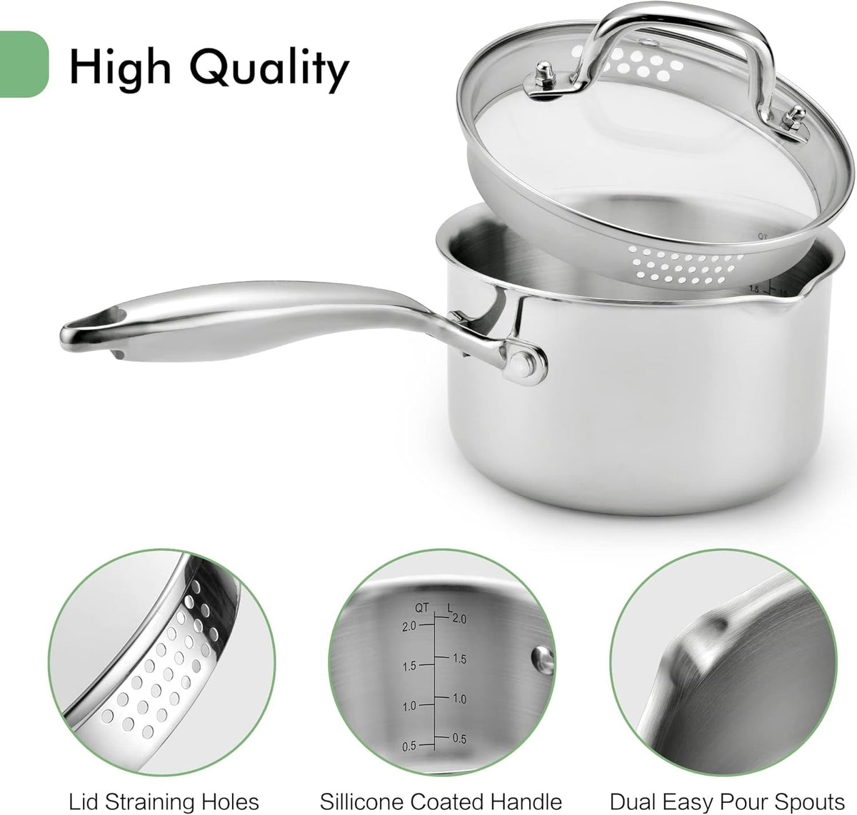 2.5 Quart Stainless Steel Pot Saucepan with Glass Strainer Lid, Sauce Pot with Two Side Spouts, Induction Cooking Pot, Multipurpose Sauce Pan with Lid for Cooking(Tri-Ply Full Body)